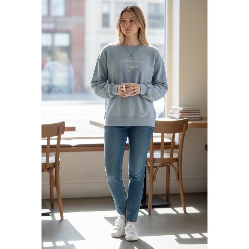 2/$30 AMERICAN EAGLE Light Blue Pullover Sweatshirt Size XS Relaxed Fit Vintage - Picture 7 of 7